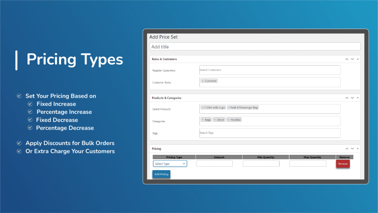 Choose Pricing Types (Apply Discounts or Charge More) WooCommerce