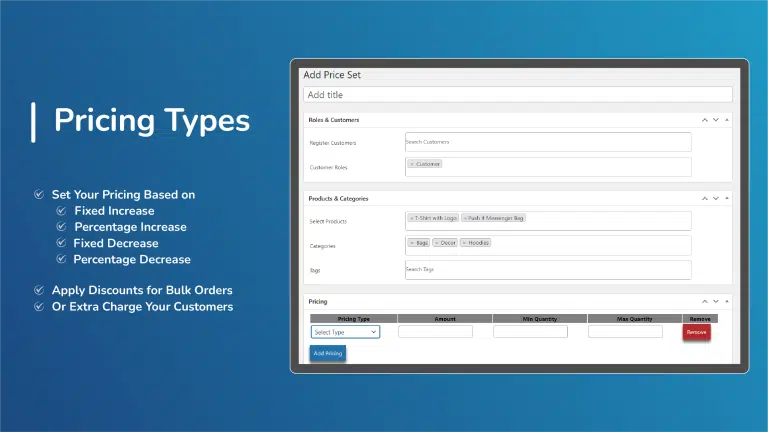 Choose Pricing Types (Apply Discounts or Charge More) WooCommerce