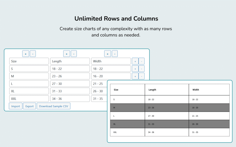 Add Unlimited Rows & Columns in WooCommerce Size Chart