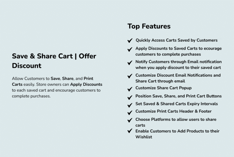 Save & Share Cart for WooCommerce Feature List