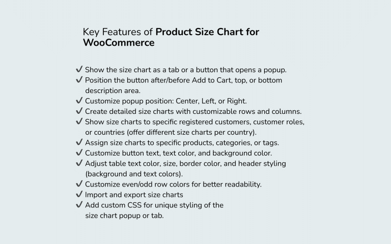 Key Features of WooCommerce Size Chart