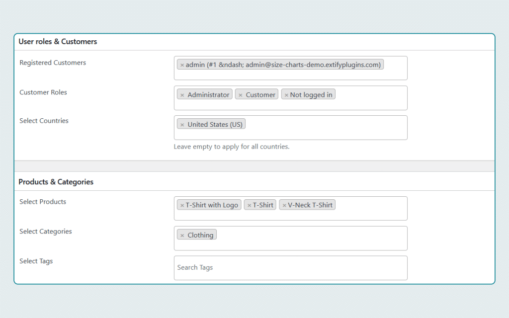 Display size chart on Specific Products, Categories, tags, and countries