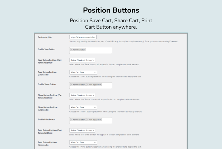 Position Save, Share, and Print Cart Buttons WooCommerce