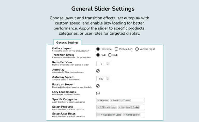 General Settings for WooCommerce Gallery Slider