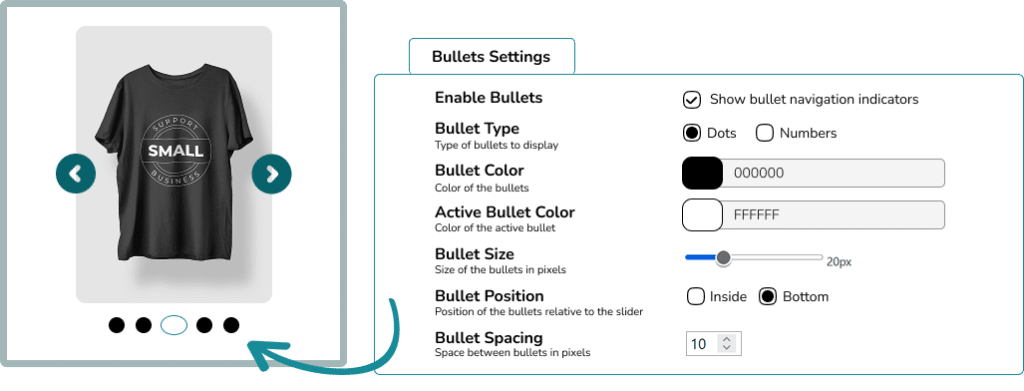 Bullets Settings for Gallery Slider WooCommerce