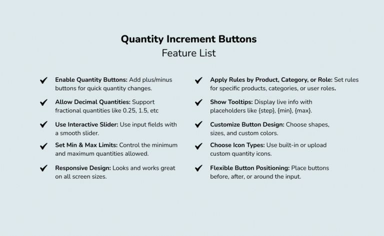 Quantity Increment Buttons for WooCommerce Feature List