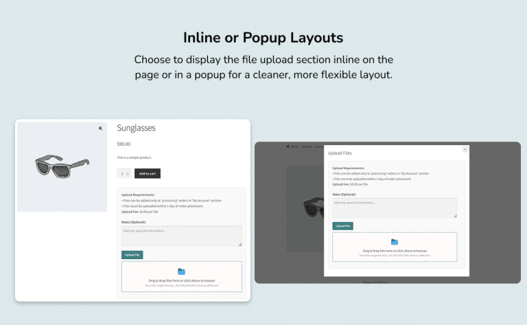 Inline and Popup View Layout for WooCommerce File Upload