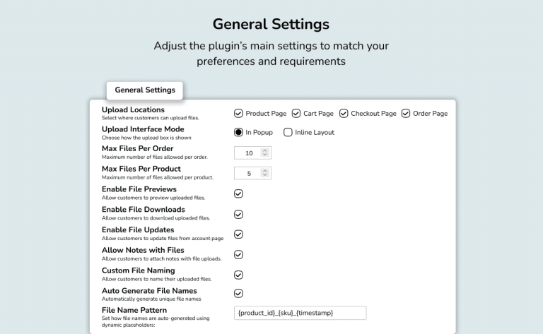General Settings for File Upload WooCommerce